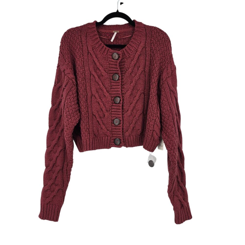 NWT Free People Red Bonfire Cotton Chunky Cable Knit Cardigan Sweater Size XL